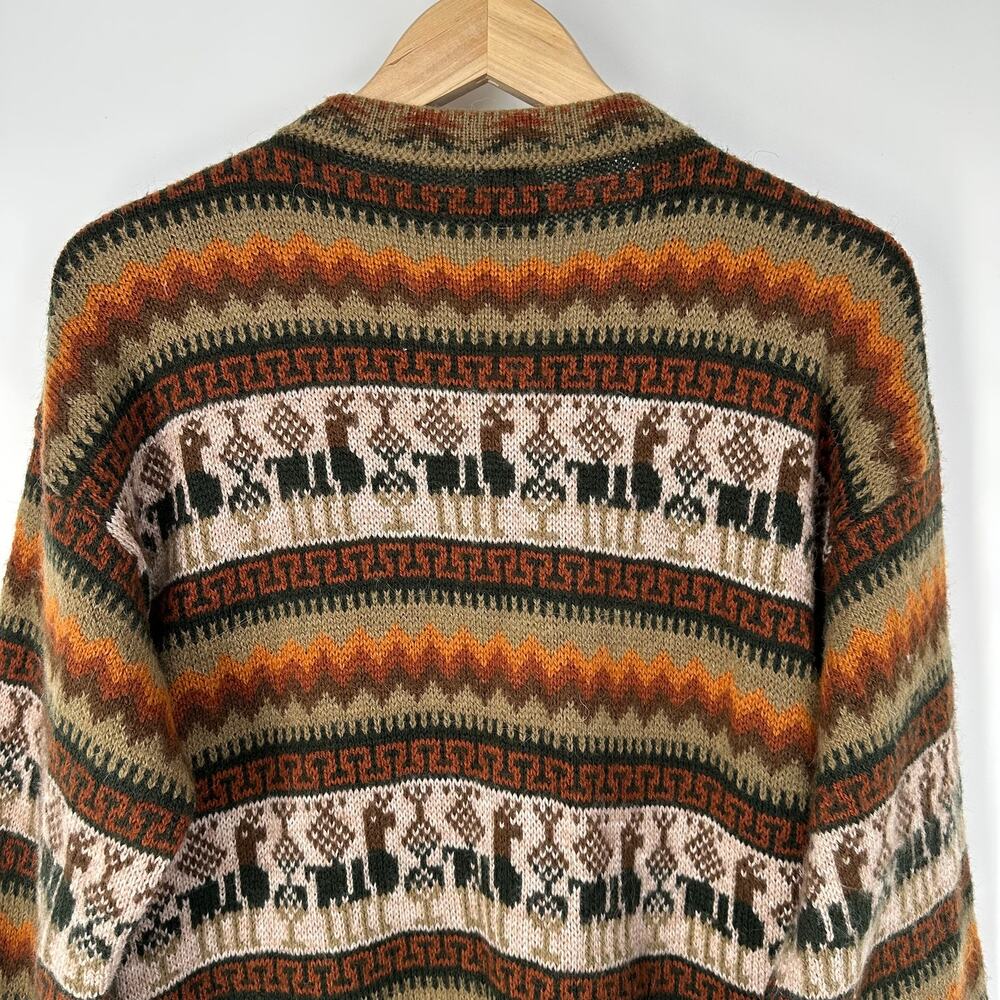 Vintage Mens 100% Alpaca Andean Peru Llama Cardigan Fair Isle Crew Neck Sweater - Picture 7 of 8